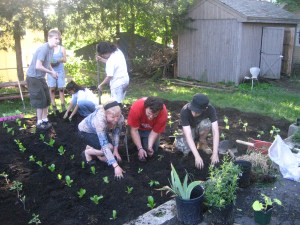 Gardeners working on starting a garden at the Dismas House in Worcester