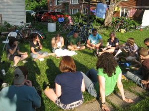 Solutionaries gathering at a weekly potluck during SoS 2008, Twin Cities